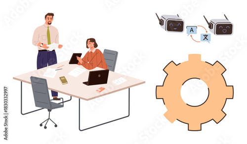 Two colleagues working at a desk with laptops and documents, AI interface for language translation, and a gear symbolizing automation. Ideal for teamwork, AI, automation, translation, workflow