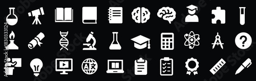 Education and science glyph icon set. Vector pictograms of atom, microscope, test tube, flask, telescope, dna, laptop, checklist, clipboard, black sign silhouette illustration.