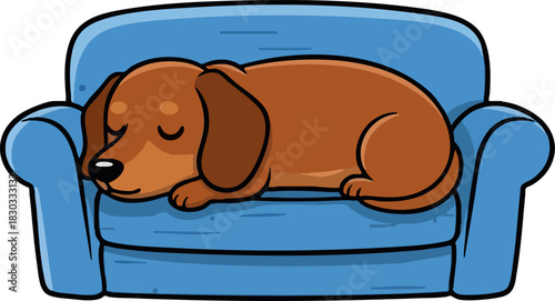 Cute sleeping dachshund cartoon illustration on blue sofa