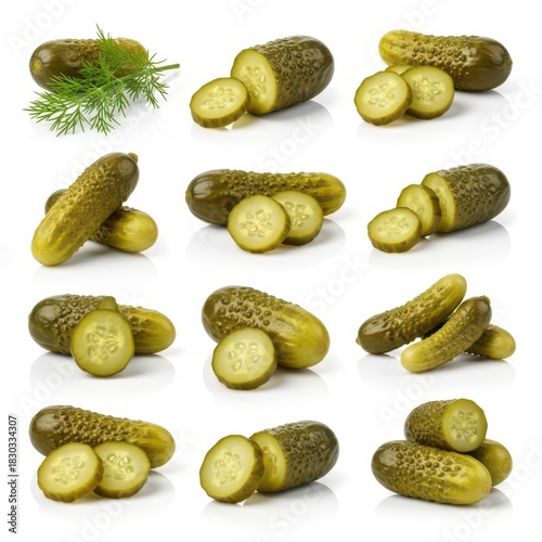Fresh dill pickles variety collection multiple angles sliced whole and sprigs isolated on white background