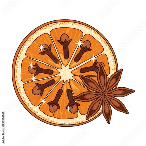 Festive orange slice with cloves and star anise spices for warm holiday drinks and seasonal treats, perfect for autumn and winter promotions