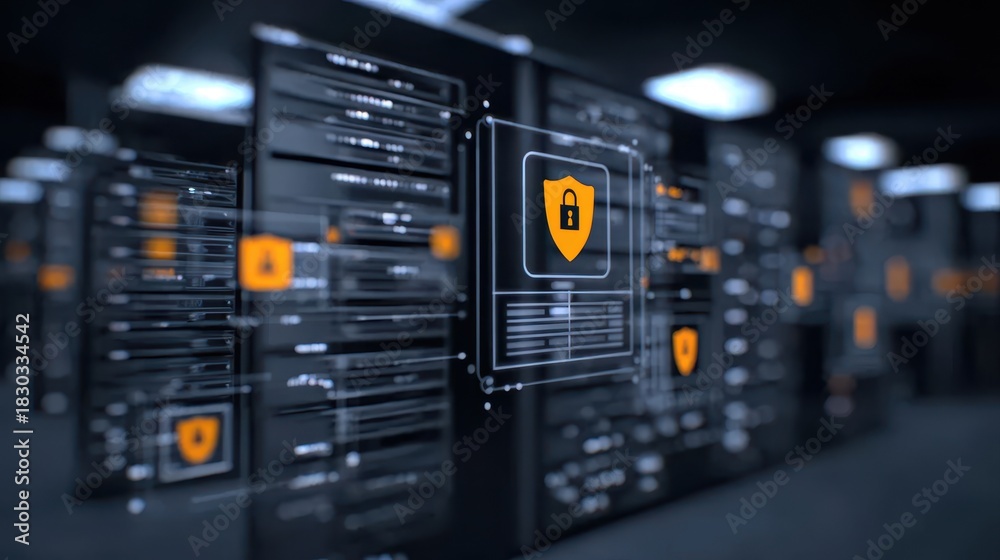Naklejka premium Our software leverages quantum vision to optimize the server, manage the database, and strengthen firewall protections for secure operations