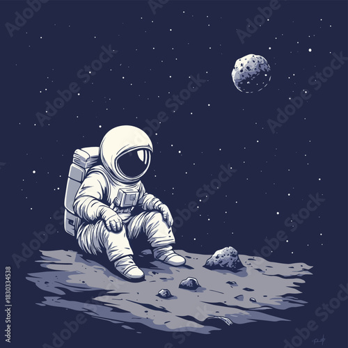 astronaut and mini asteroid , vector style simple color