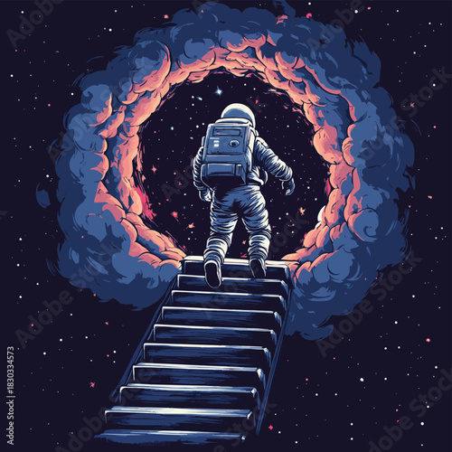 an astronaut climbs the stairs into wormhole , vector style simple color