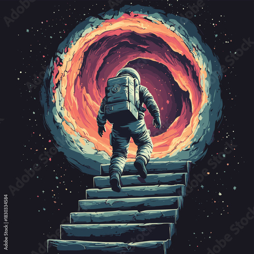 an astronaut climbs the stairs into wormhole , vector style simple color