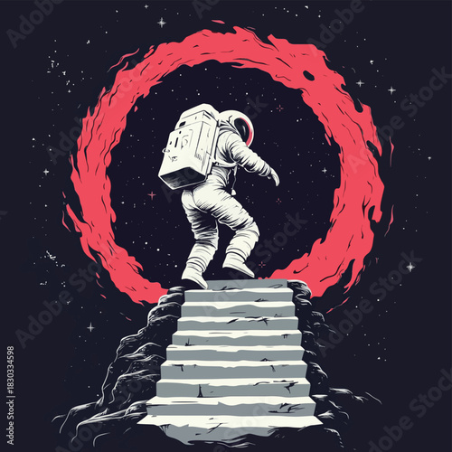 an astronaut climbs the stairs into wormhole , vector style simple color