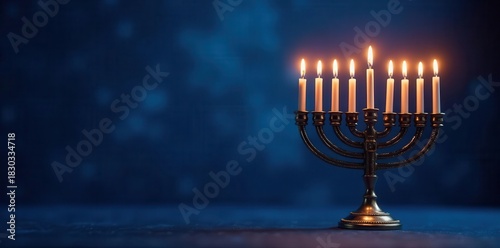 Burning Hanukkah menorah against a deep blue background , december, background, candlelight