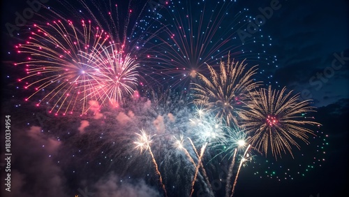 Stunning fireworks display illuminating the night sky with vibrant bursts of color, perfect for celebrations, events, and festive occasions