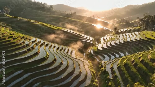 Terraced Rice Fields at Sunrise - A Breathtaking Landscape.
