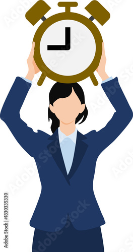 大きな時計を両手で持って掲げているビジネスウーマンのイラスト