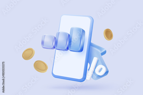 3D stock trading graph with mobile phone. Sell and buy money cash and exchange with finance business concept, earning investment. 3d bank trading vector icon for investment render illustration