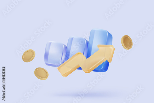 3D graph up with alert notice icon for finance statistic, sell and buy report. analyzing investment money cash and exchange with finance. 3d trading stock report icon vector render illustration