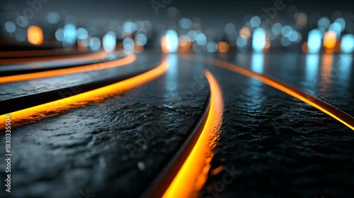 Futuristic cityscape illumination lines glowing neon trails at dark night background