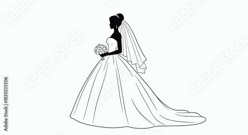 Silhouette of a bride in a wedding dress holding a bouquet and wearing a veil.