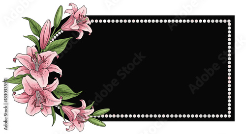 Elegant pink lilies adorn a decorative black rectangular frame with a pearl border.