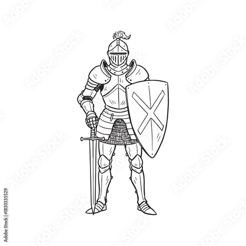 Medieval Knight Sketch Vector Illustration Standing in Full Armor with Sword and Shield Line Art Isolated on White Background
