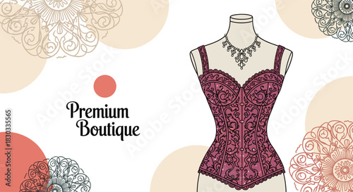 Elegant pink lace corset on a mannequin with ornate floral patterns and text for a premium boutique.