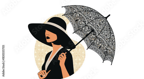 Elegant woman in a wide-brimmed hat holding a black lace umbrella, vintage style illustration.