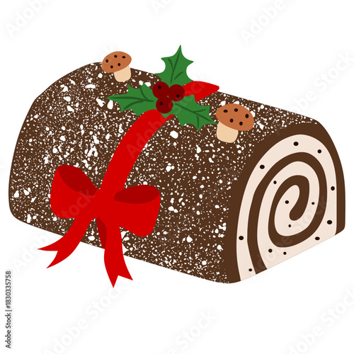 Dark Chocolate Swiss Roll for Christmas. Traditional Chocolate Yule Log Cake
