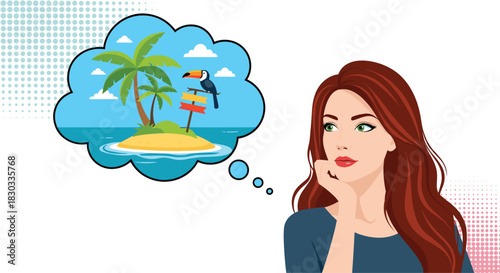 Woman dreaming of a tropical island vacation with palm trees and a toucan.