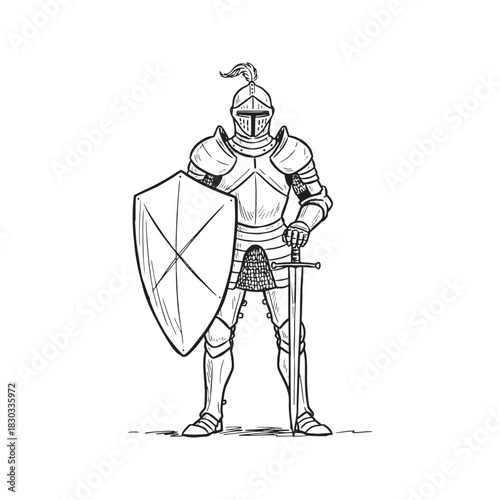 Medieval Knight Sketch Vector Illustration Standing in Full Armor with Sword and Shield Line Art Isolated on White Background
