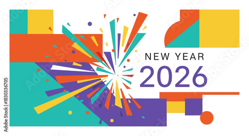 Celebrate 2026 with this vibrant geometric design. Ideal for New Year's posters, invitations, and festive announcements, bringing a cheerful and modern touch to your holiday promotions.