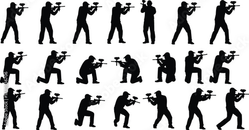Paintball Silhouettes of Players in Tactical Action Poses – Standing, Kneeling, and Crouching with Guns and Protective Masks