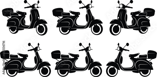 Set of classic scooter silhouettes with rear storage box in black, ideal for transport, delivery, and urban mobility design
