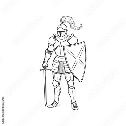 Medieval Knight Sketch Vector Illustration Standing in Full Armor with Sword and Shield Line Art Isolated on White Background
