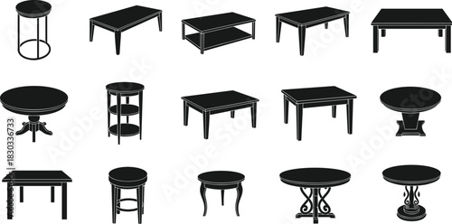 Set of black silhouette table designs featuring various shapes, leg styles, and furniture concepts for interior and decor themes