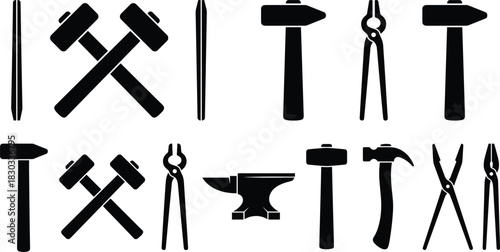 Silhouettes of Blacksmith and Metalworking Tools – Hammers, Tongs, Chisels, and Anvil Icons for Forging, Craft, and Hardware Design