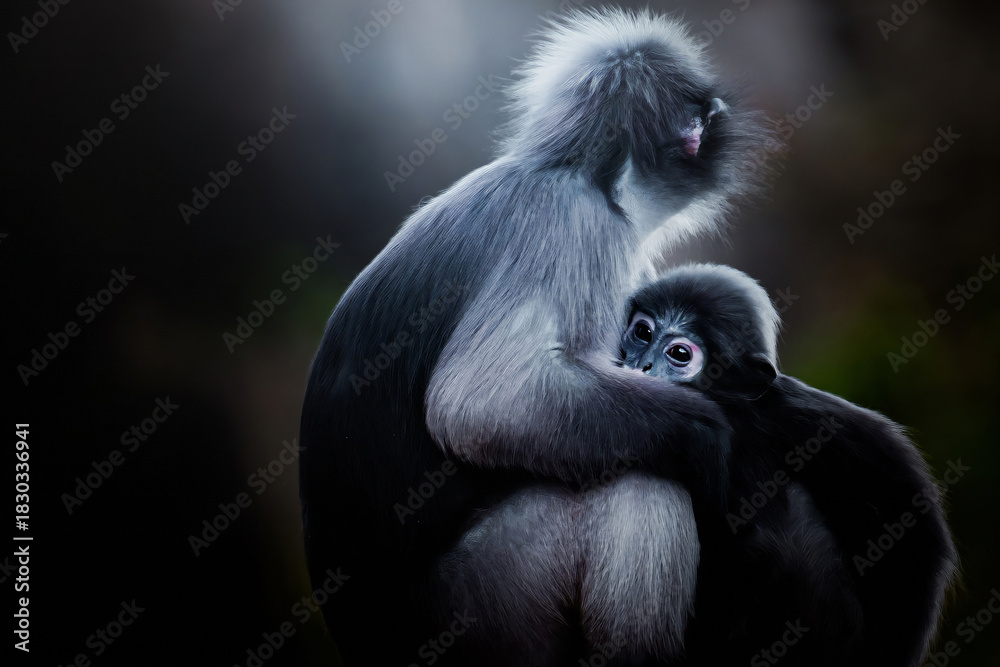 Naklejka premium Dusky leaf langur mother embracing baby monkey