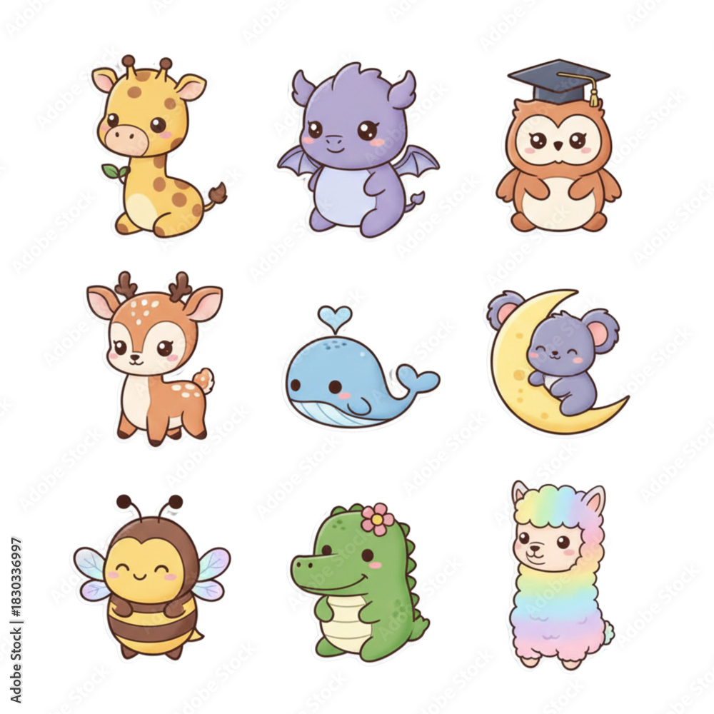 Obraz premium Adorable Kawaii Wild Animals Set Giraffe, Dragon, Deer, Koala, and Llama Vector Collection