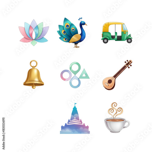 Colorful Indian Culture and Travel Icons Set with Lotus, Peacock, Auto Rickshaw, and Temple