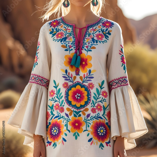 Off-white linen tunic with colorful hand-embroidered florals, tassel tie neckline.