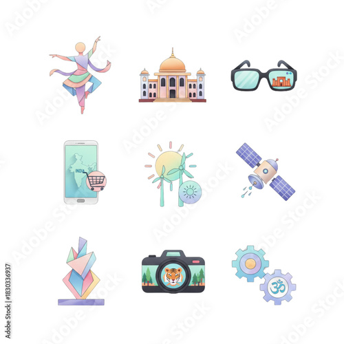 Futuristic Indian Culture and Technology Icon Set with Taj Mahal, Satellite, and Abstract Dance