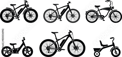 Silhouettes of electric bikes, cruiser bicycles, kids tricycles, and balance bikes for diverse age groups and urban mobility concepts