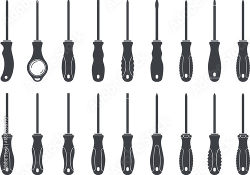 Silhouettes of Screwdriver Designs with Varied Handles and Tips – Flathead, Phillips, and Ergonomic Hand Tools for Repair and Hardware Use