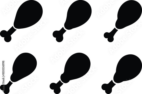 Set of Minimalist black chicken leg drumstick meat silhouette vector icon