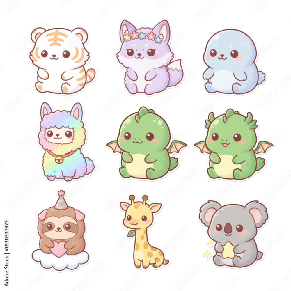 Naklejka premium Mega Cute Kawaii Chibi Animals Vector Collection: Adorable Tiger, Fox, Seal, Llama, Dragon, Sloth, Giraffe, Deer, Whale, Koala, and Baby Chick Illustration Set