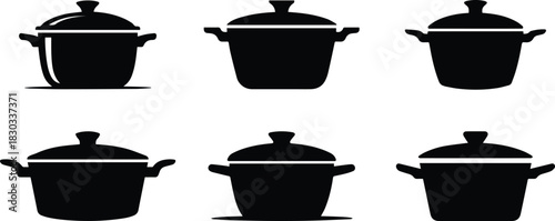 Set of Minimalist black cooking pot kitchen utensil silhouette vector icon