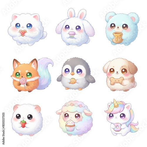 Cute Fluffy Chibi Animals Digital Sticker Set: Adorable Cartoon Character Collection