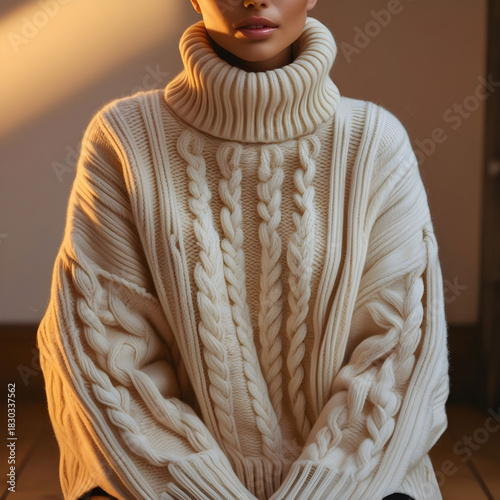 Oversized cream cable-knit sweater with chunky texture, cozy turtleneck.