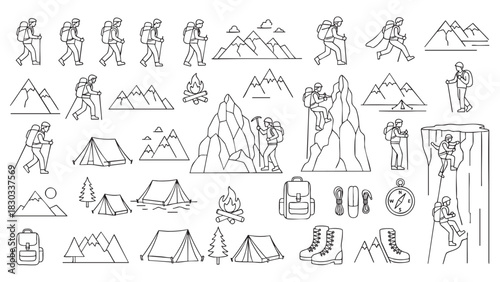 Outline drawing of a backpack and a simple house isolated on white