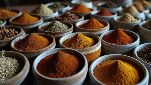 Fototapeta Naklejka Na Ścianę i Meble -  Spice Symphony: An array of colorful spice bowls present a rich tapestry of flavors, from turmeric's golden hue to paprika's fiery red, inviting a culinary journey