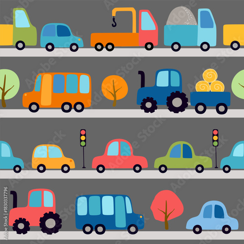 Colorful seamless pattern with cars, buses, trucks, tractors, trees and traffic lights