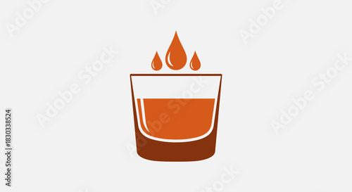 Illustration of a shot glass filled with a brown liquid with drops above it.