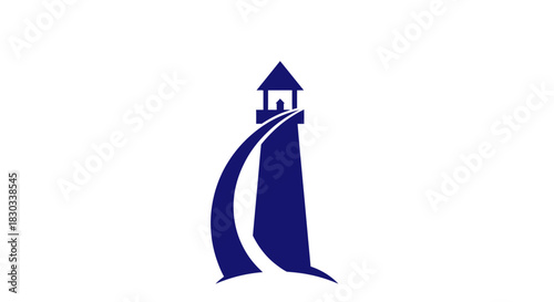 A blue lighthouse with a curved path leading to it on a white background.