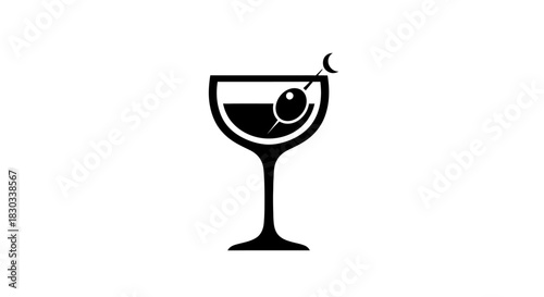 Illustration of a cocktail glass with an olive on a toothpick.