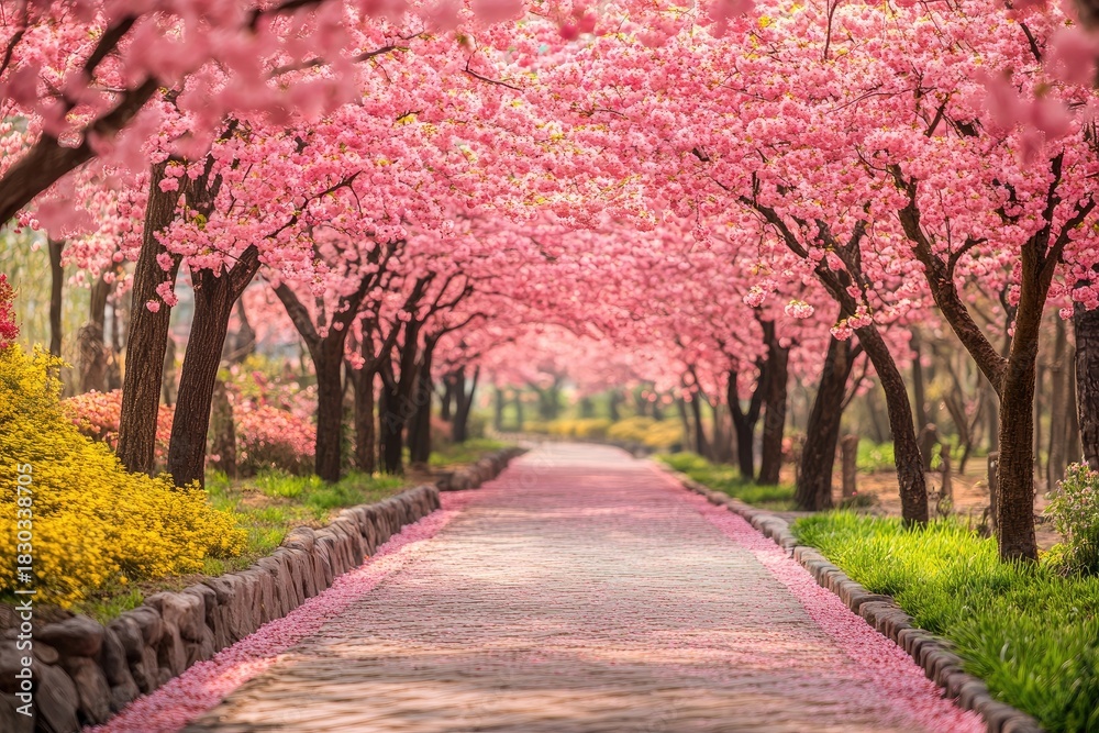 Naklejka premium A serene path lined with cherry blossom trees, leading the viewer through a tranquil setting.